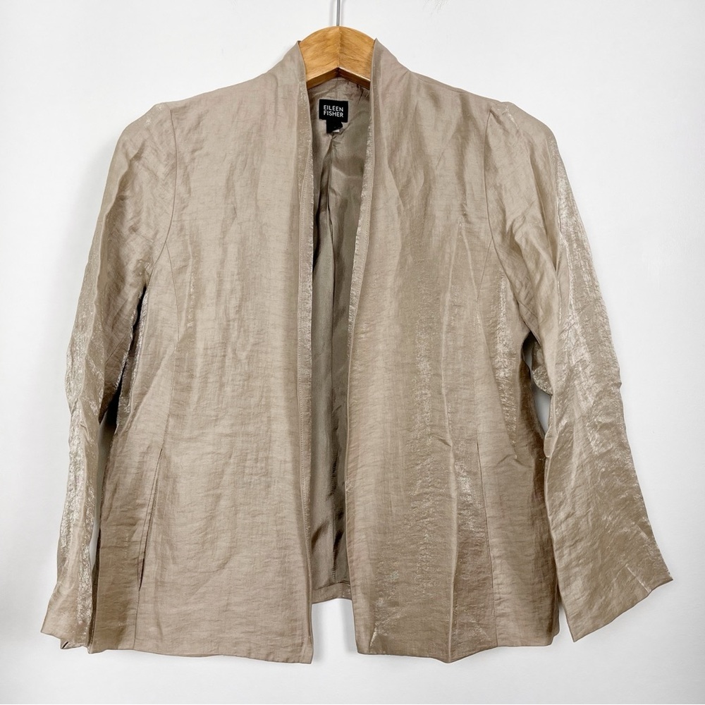 Eileen Fisher Metallic‎ Champagne Beige Linen Blend Open Front Blazer Size Small